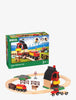 The BRIO World Train Set Farm Railway Set is a wooden train set with a circular track, red barn, toy tractor, train, fences, animals, and trees. Fully assembled in front of the green box. Suitable for ages 3+.