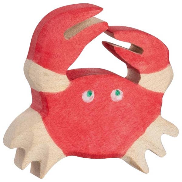The Holztiger Crab is a handcrafted wooden toy painted red with beige claws and legs, featuring two small green eyes. Part of the HOLZTIGER figures collection, this charming piece is made in Europe and ships in one week.