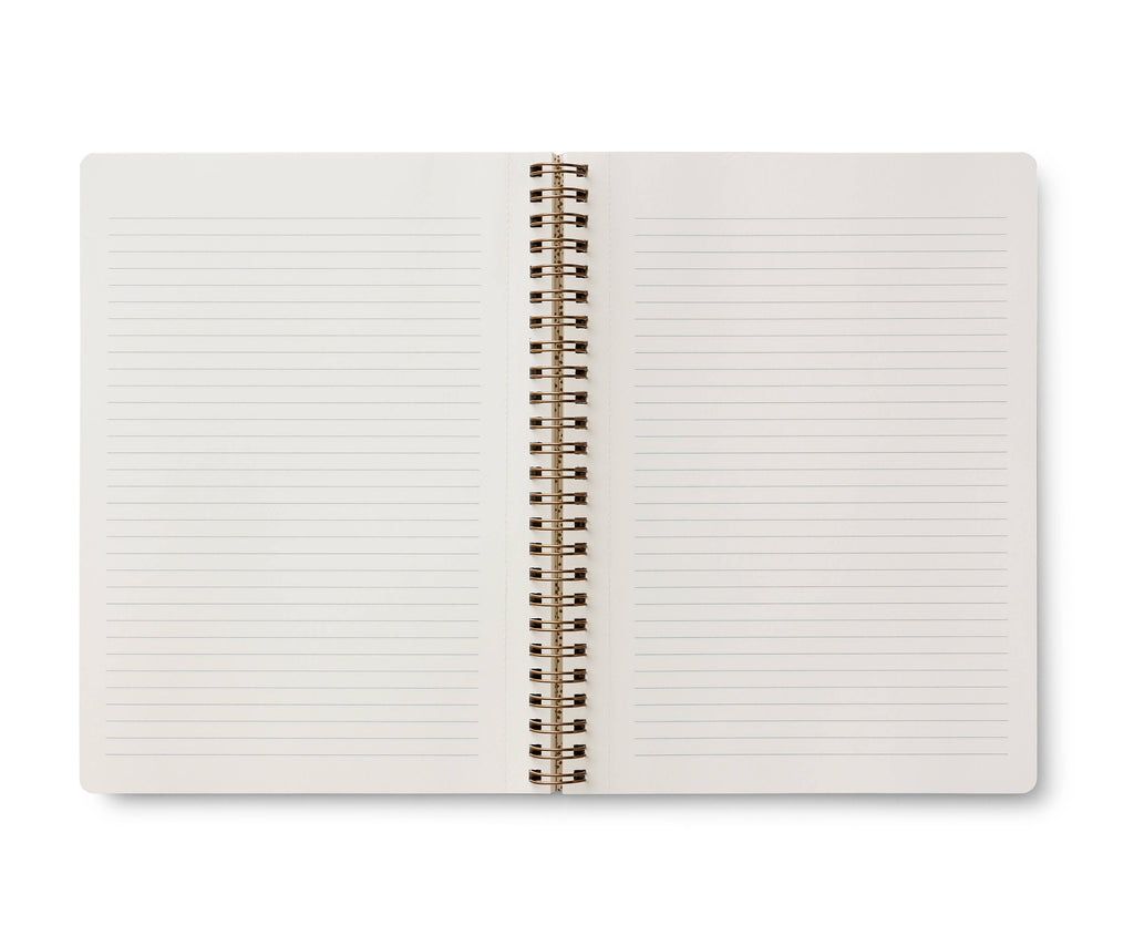 The Curio Spiral Notebook features ruled pages and blank white sheets in an open, spiral-bound design, shown from above on a white background.