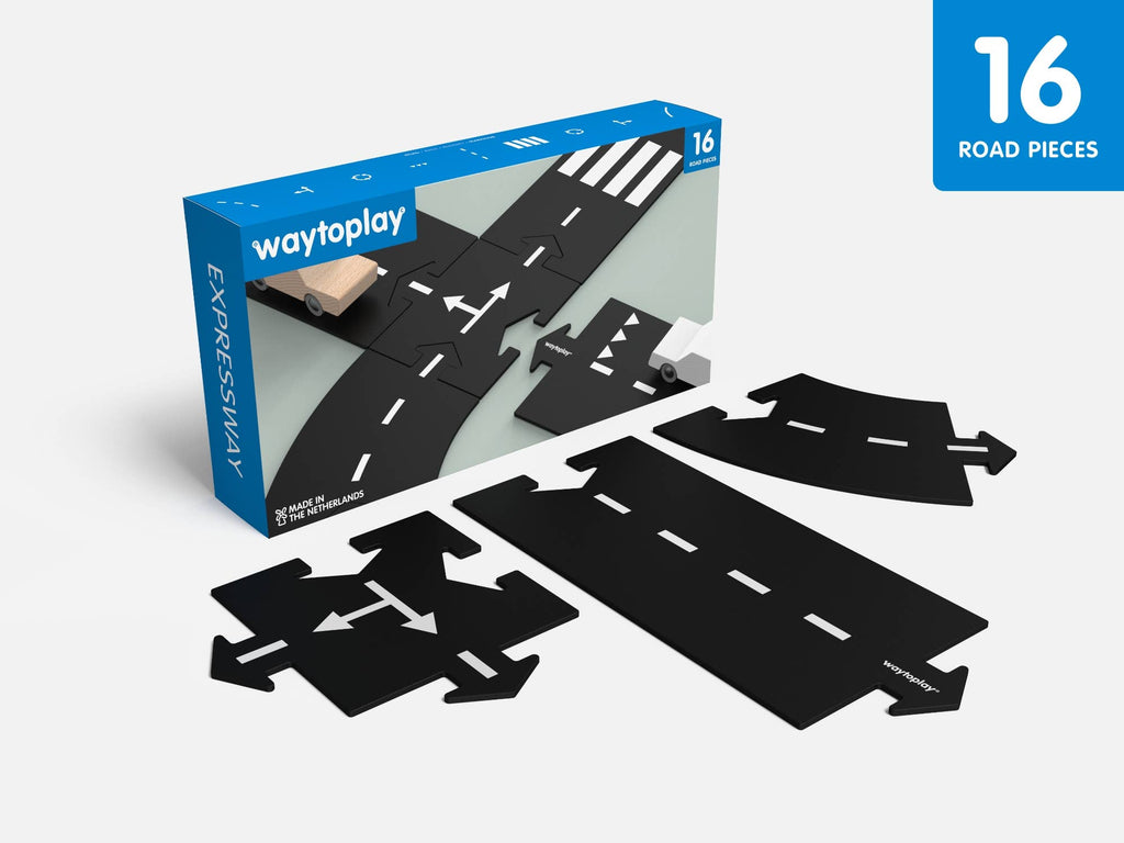 WaytoPlay: Medium Flexible Toy Road Set - Expressway (16 pieces) with straight, curved, intersection, and crosswalk segments made from unbreakable child-safe material, shown in front of its packaging on a white background.