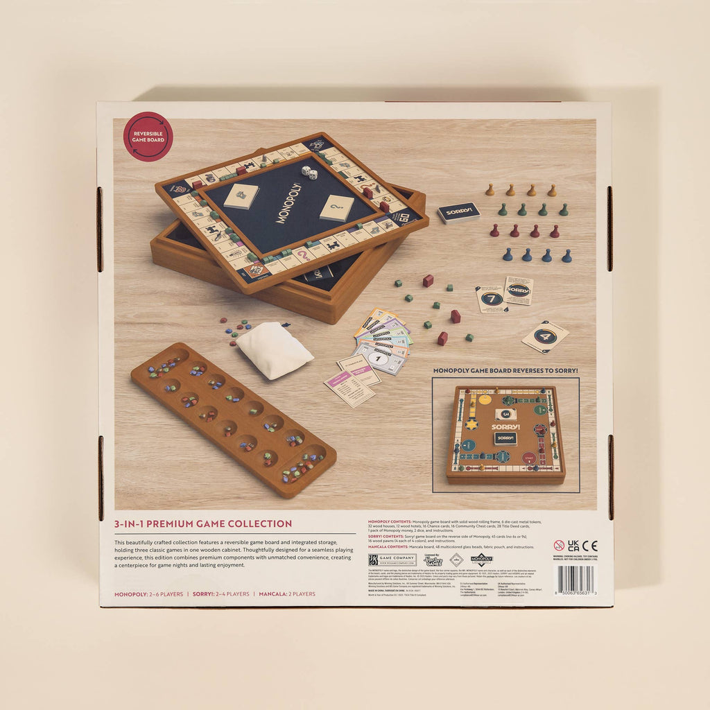 The 3-in-1 Game Collection: Monopoly, Sorry & Mancala features a wooden cabinet with a reversible board and neatly arranged tokens, cards, dice, marbles, and components for all three games displayed on the back of the box.