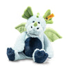 Steiff Samu The Magic Dragon Plush Toy, 11 Inches, features soft light blue fur, green wings, ears, and horns, navy blue belly and feet, white fangs, a signature yellow ear tag. This legendary plush sits upright and faces forward.
