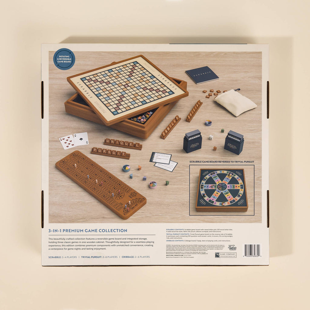 The image shows the back of the 3-in-1 Game Collection: Scrabble, Trivial Pursuit & Cribbage box with game boards, pieces, Scrabble tiles, racks, cards, and a storage bag displayed.