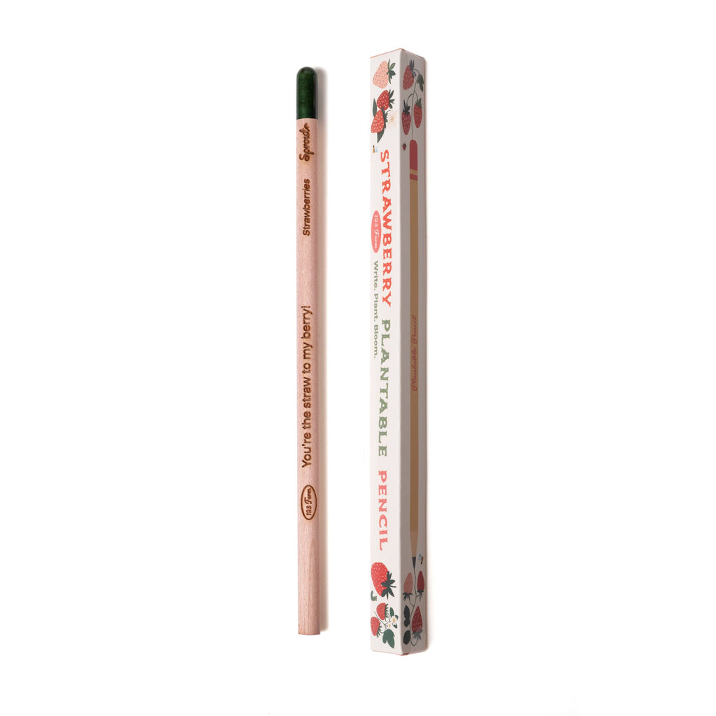 The Strawberry Plantable Pencil – Eco-Friendly features a green tip, eco-friendly wood, and comes in a floral-patterned box with strawberry images and planting instructions—perfect for sustainable gifting.