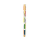 The Book Club Pen is a white rollerball with gold accents, adorned with colorful vertical labels of place names and illustrated scenes. It stands upright against a white background and is compatible with gel ink refills for smooth writing.