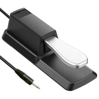 The Complete Set: Loog Piano includes a sustain pedal with cable and 1/4-inch jack, ideal for any portable digital or MIDI piano setup—plus stand, music stand, octave shifter, and carrying case.
