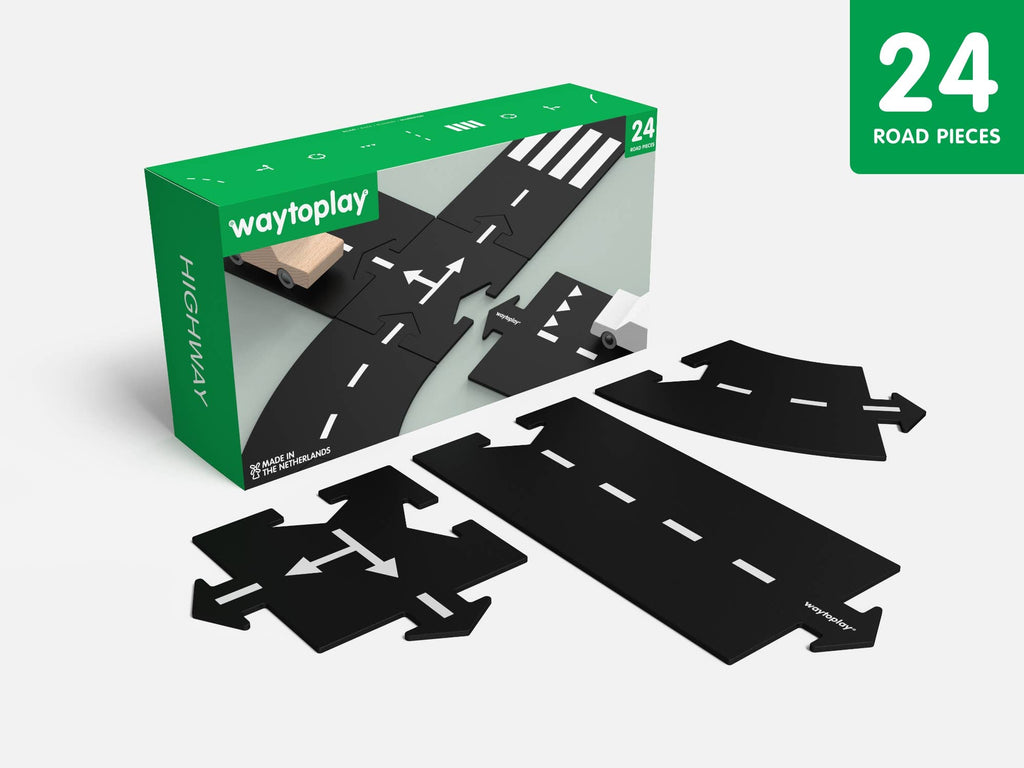 The Large Flexible Toy Road Set - Highway (24-Piece) includes curved, straight, and intersection pieces. Some are displayed in front of the box with a green "24 road pieces" label—ideal for creative play.