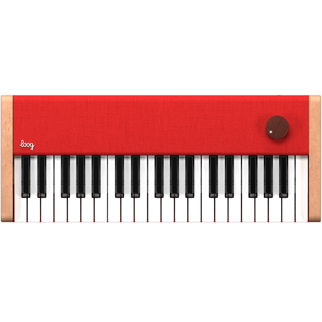 The Loog Piano is a small red portable digital piano with 18 black and white keys, wooden sides, a single brown knob on the top right, and "loog" displayed on the top left.