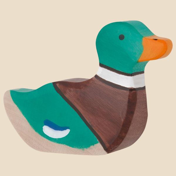 The Holztiger Mallard Duck, Sitting is a handcrafted wood toy with a green, brown, and white body, orange beak, and simple style. This figure brings classic play value and ships in one week.