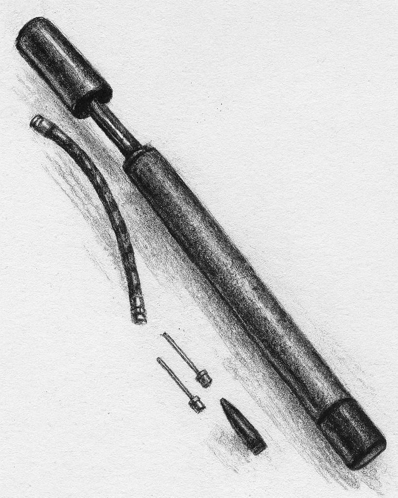 The Hot Air Balloon Pump is shown hand-drawn with a detachable hose, two small valve adapters, and a metal needle adapter arranged on a plain background.