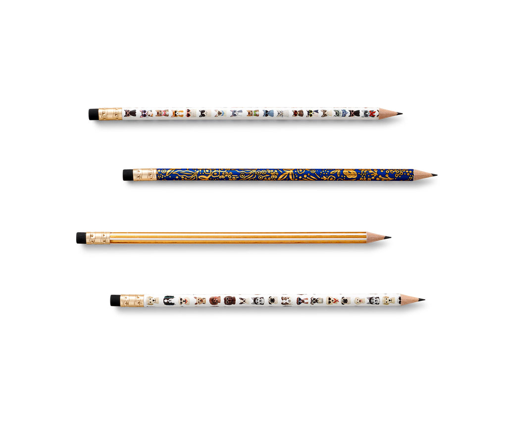 The Cats & Dogs Pencil Set includes four pre-sharpened pencils: two with cartoon dog designs, one gold, and one with a blue floral pattern. Each pencil has a black eraser with a gold ferrule, creating a charming illustrated stationery set.