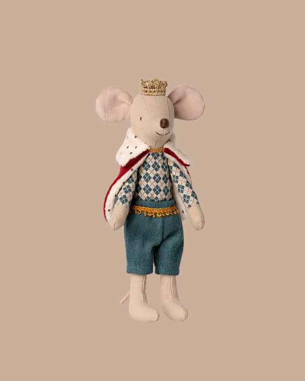 PRE-ORDER: King Mouse, Dad—this plush toy wears a crown, cape, blue patterned shirt, and shorts. He stands regally as if ready to rule the Castle Hall. Estimated ship date: Early November. Set against a plain beige background.