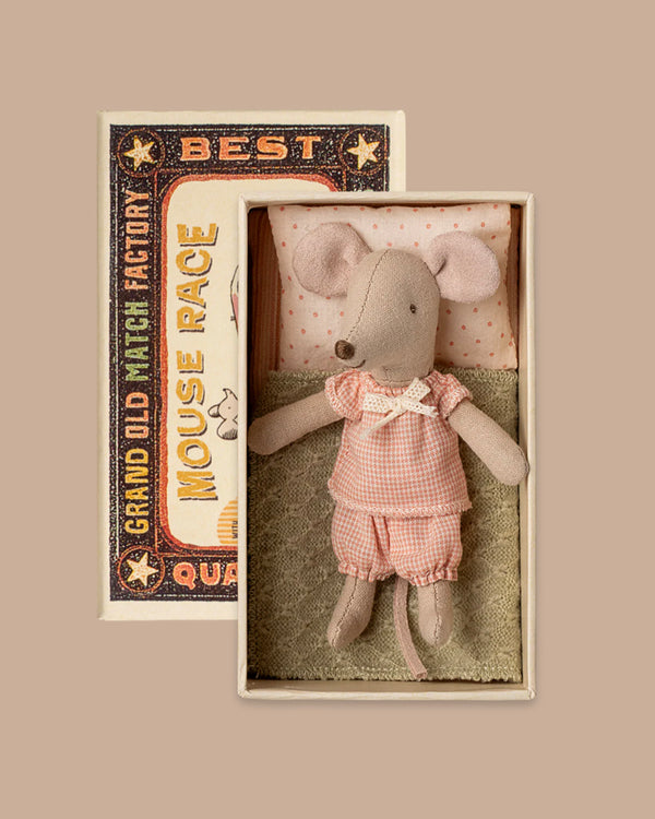The PRE-ORDER: Little Sister Mouse in Matchbox (ships early November) features a small gray Maileg mouse in pink pajamas, resting on a pillow and blanket inside a vintage-style matchbox labeled "Grand Old Match Factory Mouse Race.