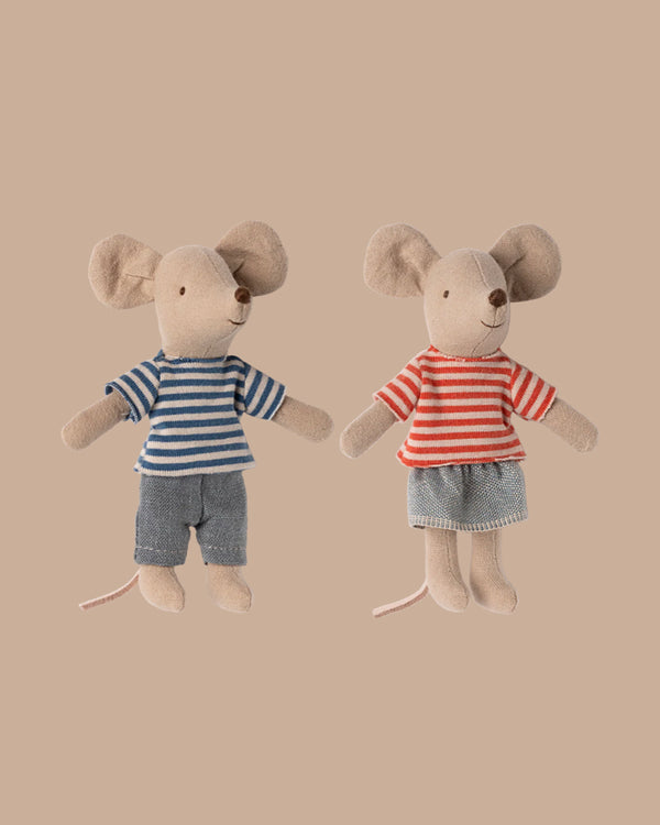 PRE-ORDER: LouiMax and Stella, Little Brother and Sister Mice—one in blue stripes with shorts, the other in red stripes with a denim skirt. Both are soft cotton toys set on a beige background. Estimated ship date: late November.