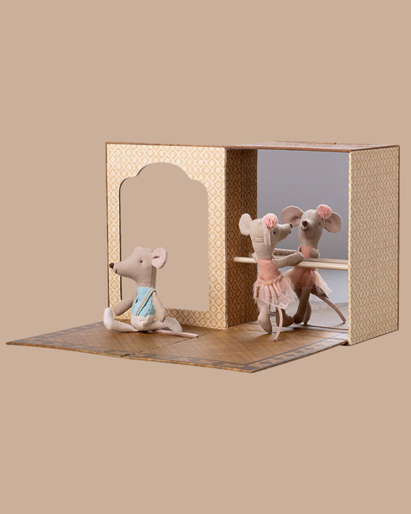 PRE-ORDER: Ballet Mice in Dance Studio, Little Sister and Brother—three adorable stuffed mice in a dance studio, with two in pink tutus practicing ballet at the barre while one reads. Approx. ship date: Early October.
