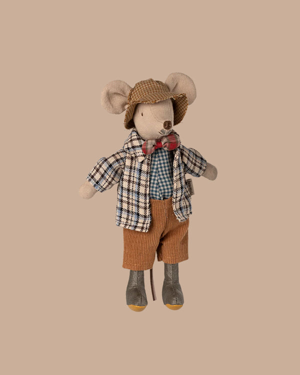 PRE-ORDER: Granddad Mouse—crafted from recycled polyester, dressed in a brown checkered hat, plaid jacket, red bow tie, blue checkered shirt, brown corduroy pants & gray boots—stands against a plain beige background. Ships early November.