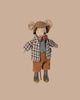 PRE-ORDER: Granddad Mouse—crafted from recycled polyester, dressed in a brown checkered hat, plaid jacket, red bow tie, blue checkered shirt, brown corduroy pants & gray boots—stands against a plain beige background. Ships early November.