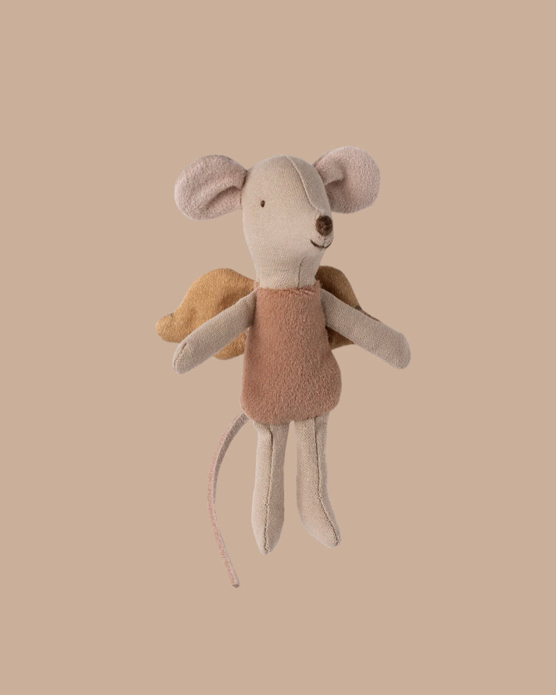 PRE-ORDER: Fairy Mouse, Little - Powder features a soft light brown body, large ears, golden wings, long tail, and brown outfit. This charming doll inspires imagination and ships in late September.
