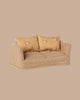 The PRE-ORDER: Couch, Mouse - Mable features a compact plaid design with two yellow floral cushions against a beige background, capturing the cozy charm of Mouse hole Farmhouse. Estimated ship date: Early August.