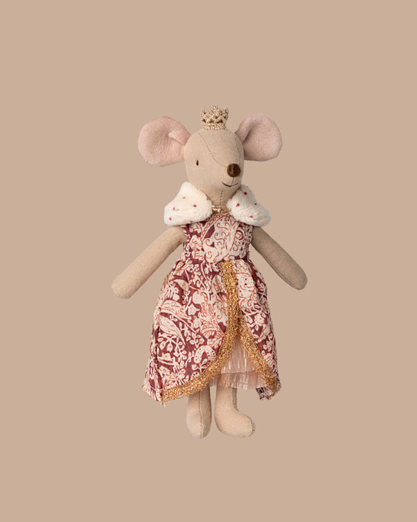 PRE-ORDER: Queen Mouse, Mum — a plush mouse in a gold crown, red and white royal dress with gold trim, and white fur collar. Shipping starts early November. Posed regally against a plain beige background.