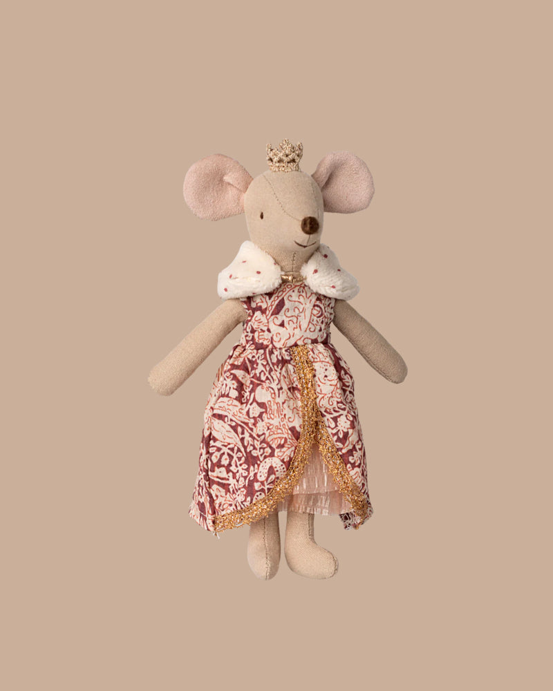 PRE-ORDER: Queen Mouse, Mum — a plush mouse in a gold crown, red and white royal dress with gold trim, and white fur collar. Shipping starts early November. Posed regally against a plain beige background.