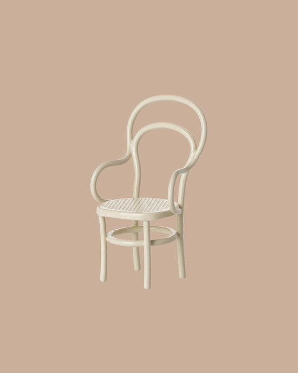 The PRE-ORDER: Vintage Chair, Mouse Size - Off White (Estimated Ship Date: Late September) features a cream bentwood frame with curved backrest, armrests, and a woven cane seat—ideal for mice furniture displays or miniature settings.