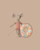 The Maileg Beach Mouse With Float, Little Sister - Flower features a small fabric mouse in a pink swimsuit holding a floral-patterned float, posed against a plain beige background.