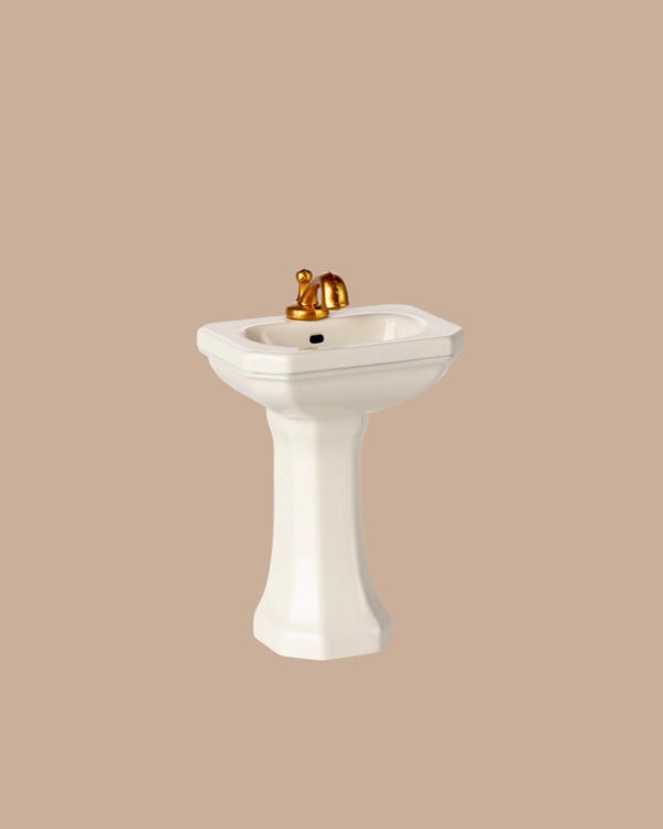 The PRE-ORDER: Bathroom Sink, Mouse Size - Off White (ships early October) features a gold faucet and classic style, ideal for tiny mouse bathrooms from SuitCasa.