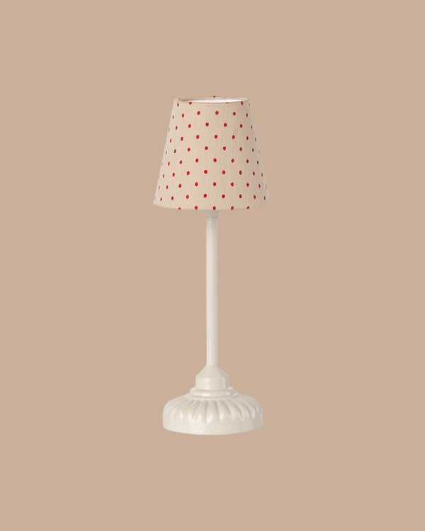 The PRE-ORDER: Vintage Floor Lamp, Mouse - Sand features a small white base and fabric lampshade with red polka dots, reminiscent of the Maileg vintage lamp, set against a beige background. Estimated ship date: late October.