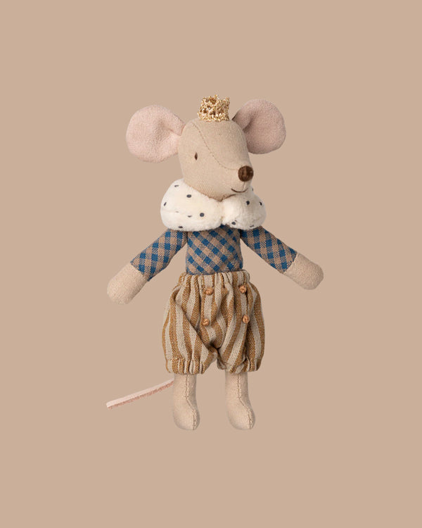 PRE-ORDER: Prince Mouse, Big Brother features a plush toy made of cotton and recycled polyester, dressed as a prince with crown, ruffled collar, blue checked shirt, and striped pants. Estimated ship date: Early November.