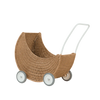 The Olli Ella Moon Strolley is a crescent moon-shaped toy stroller made from natural rattan, featuring four white wheels and a white handle—an adorable push-along for little ones.