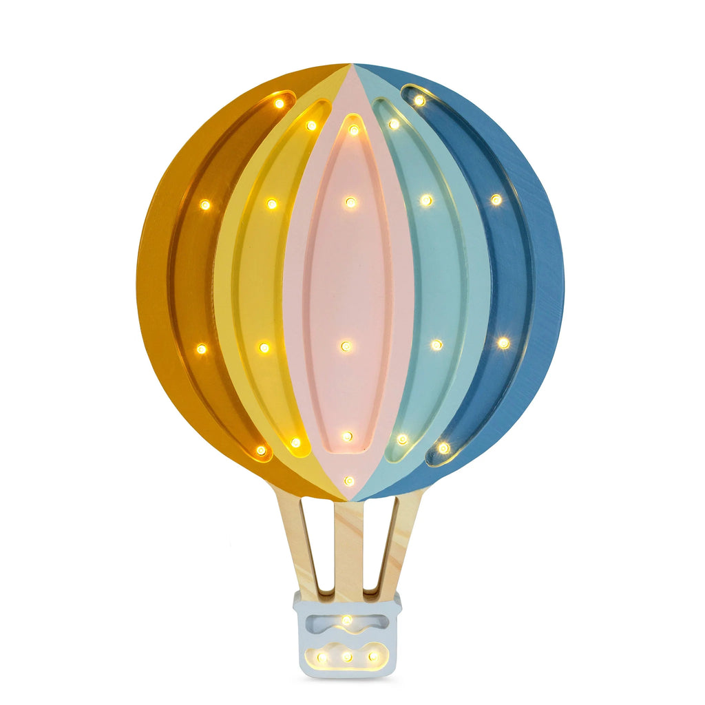 The Handmade Wooden Lamp - Hot Air Balloon is a playful children's night light with yellow, pink, blue, and mustard panels, built-in LEDs, a white basket, and natural pinewood supports—ideal as nursery decor.