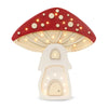 The Handmade Wooden Lamp - Mushroom House features a red cap with white spots, cream stem, windows, and doors. Crafted from natural pinewood, this LED lamp creates a magical children's night light with whimsical charm.