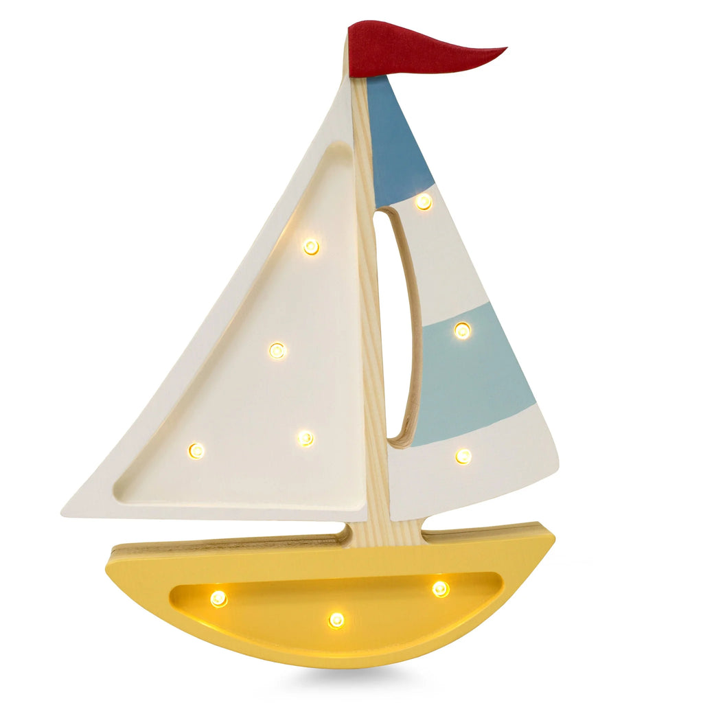 Handmade Wooden Lamp - Mini Sailboat, Mustard: Features a glowing sailboat with mustard base, white and blue sails, and red flag—ideal as ocean-themed nursery decor or a cozy kids' night light.