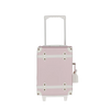 The Olli Ella See-Ya Suitcase - Pink is a pastel pink suitcase with white accents, wheels, a retractable handle, decorative corners, and a side latch clasp.
