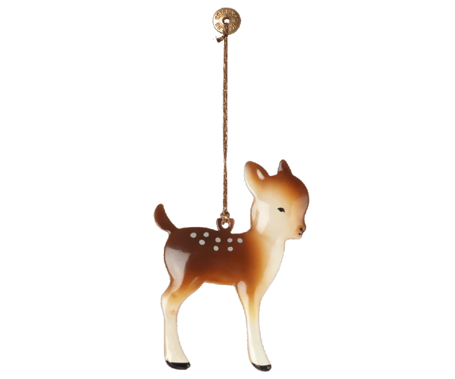 Add charm to your tree with the Maileg Metal Bambi Deer Ornament, a brown and white fawn with white spots, hanging from a gold string—perfect for unique Christmas decorations.