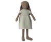 A Maileg Bunny Size 4, Brown - Knitted Dress made from natural linen fabric, wearing a green and white striped dress. The bunny has long ears, round black eyes, and an embroidered pink nose. The short-sleeved dress fits snugly on the bunny, making it suitable for all ages.