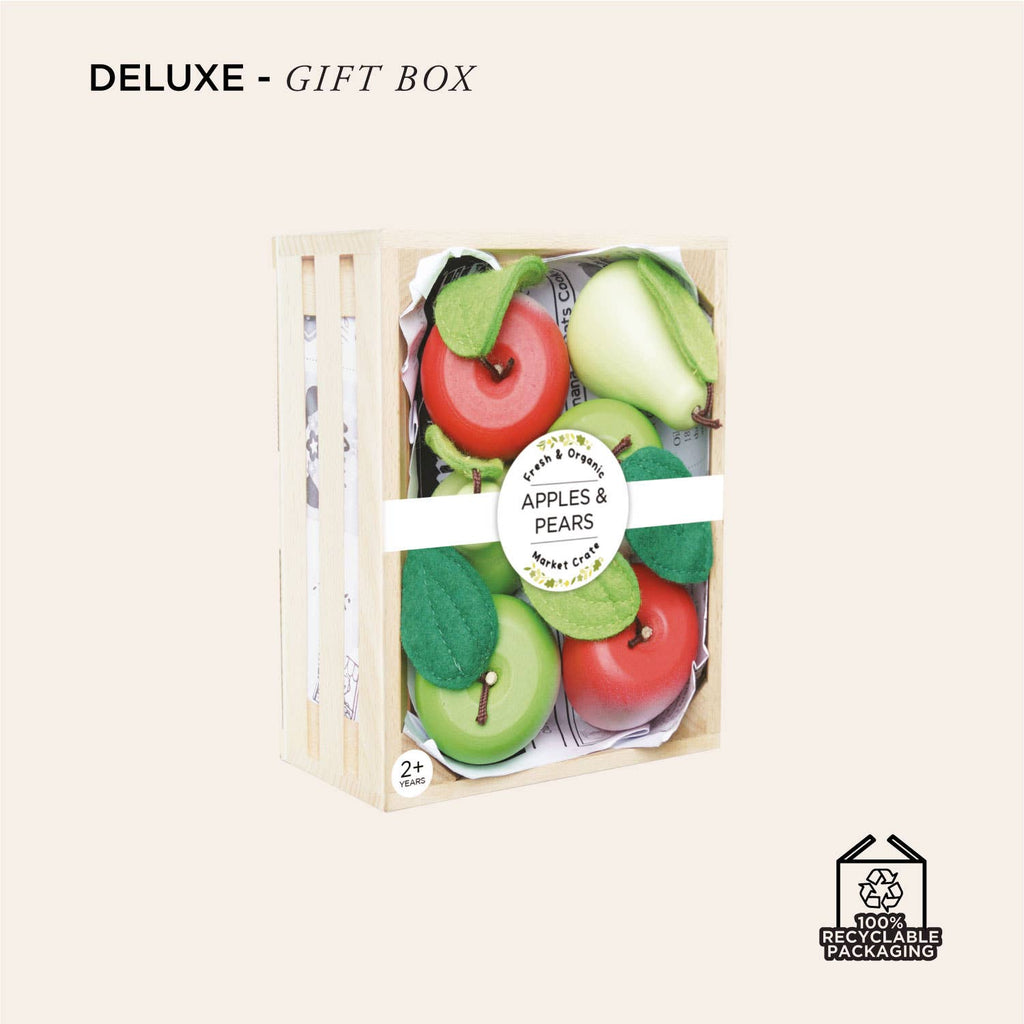 The "Orchard Fruits Wooden Market Crate" is an early-learning toy with wooden apples and pears in a recyclable gift box, suitable for ages 2+. It encourages imaginative role play and is eco-friendly.