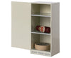 A miniature white cabinet from the Maileg Kitchen Set has one door open, revealing three shelves: the top shelf displays a labeled salami, the bottom shelf holds a round container, while the middle shelf awaits treasures. Ideal for any Maileg Kitchen setup!.