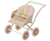 The Maileg Nursery Set includes a toy doll stroller with a beige metal frame, four round wheels, and a striped seat. It features a white handlebar and colorful beads on the horizontal rod, perfect for imaginative play with miniature mouse families or dollhouses.