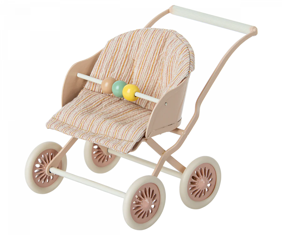 The Maileg Nursery Set includes a toy doll stroller with a beige metal frame, four round wheels, and a striped seat. It features a white handlebar and colorful beads on the horizontal rod, perfect for imaginative play with miniature mouse families or dollhouses.