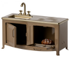 The Maileg Kitchen Set is a charming vintage-style brown toy stove with a sink and faucet. It features two open compartments, one with a tiny piece of food, and a stovetop with four spiral burners. It perfectly complements the nearby Maileg Striped Rug.