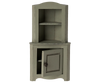 This charming vintage-style gray wooden corner cabinet perfectly complements the Maileg Dining Starter Set. It features an open upper section with two shelves and a slightly ajar lower door, offering rustic, worn-look storage for small parts.