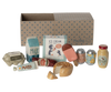 This charming set features miniature grocery items like milk, eggs, and ice cream, displayed beside a polka dot cardboard box. It’s the perfect match for the Maileg Kitchen Set.