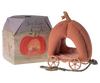 The Maileg Fairytale Set includes a plush, pumpkin-shaped carriage toy with wooden wheels, paired with a decorative "Royal Pumpkin Carriage" box, featuring a whimsical illustration similar to the beloved Princess & The Pea Set.