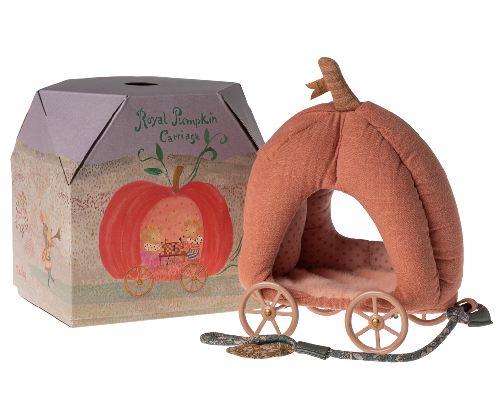 The Maileg Fairytale Set includes a plush, pumpkin-shaped carriage toy with wooden wheels, paired with a decorative "Royal Pumpkin Carriage" box, featuring a whimsical illustration similar to the beloved Princess & The Pea Set.