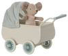 The Maileg Pram With Baby Mouse - Mint features a tiny toy mouse in a sleeping bag with a pink scarf, resting in a white pram with mint wheels and a checked canopy for a charming vintage style.