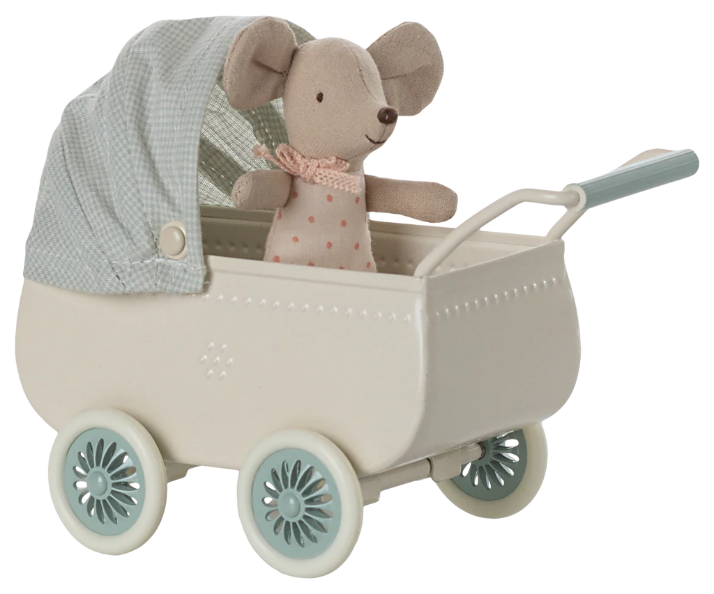 The Maileg Pram With Baby Mouse - Mint features a tiny toy mouse in a sleeping bag with a pink scarf, resting in a white pram with mint wheels and a checked canopy for a charming vintage style.