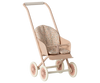 The Maileg Stroller, Micro - Powder features a light pink frame, white wheels, and a cushioned seat with colorful polka dot fabric.