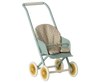 The Maileg Stroller, Micro – Mint features a light blue frame, patterned fabric seat, yellow wheels, and is designed for children to push dolls or stuffed animals.